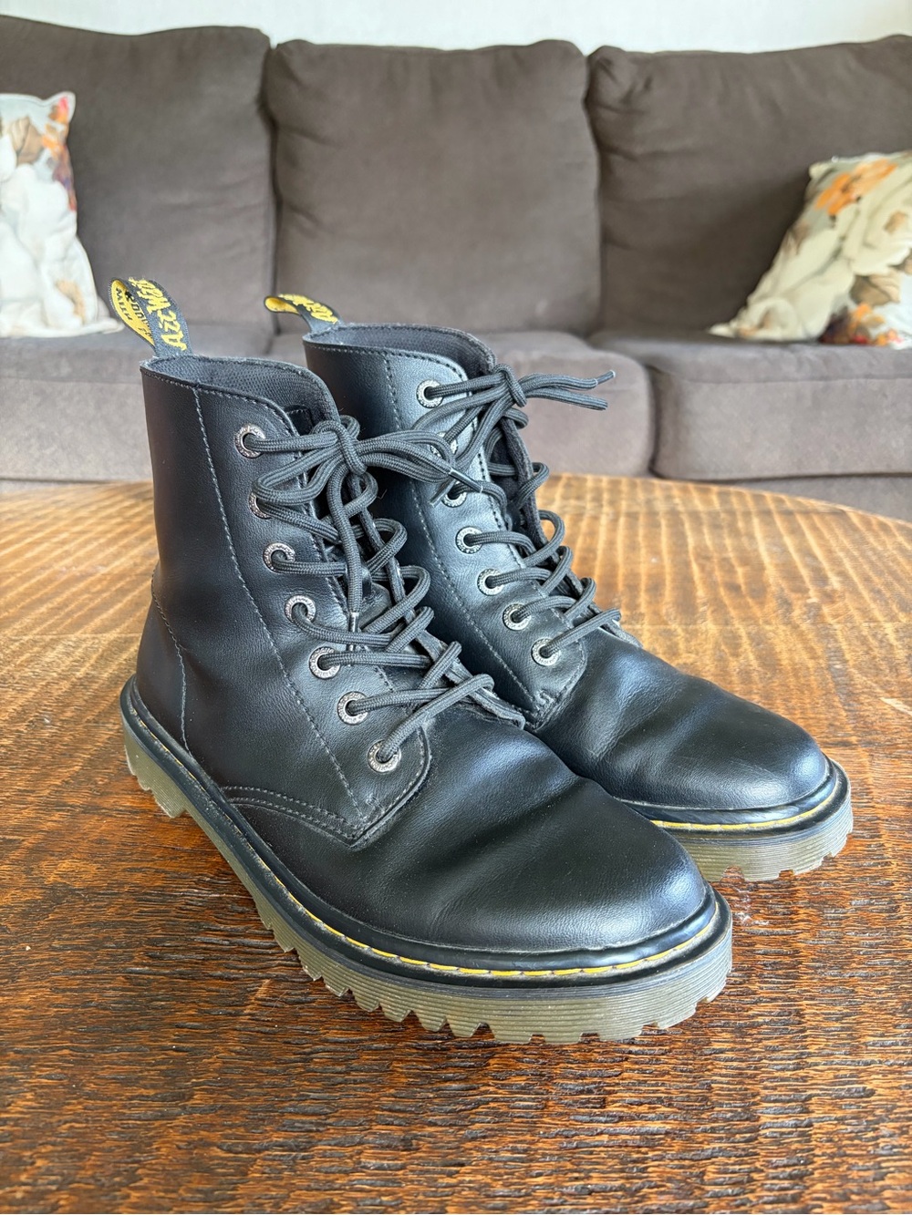 Dr. Martens Black Leather Lace-Up Combat Boots with Yellow Stitching